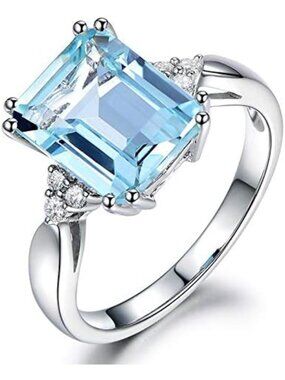 925 Sterling Silver Blue Topaz Moissanite Promise Ring, Emerald Cut CZ Cocktail